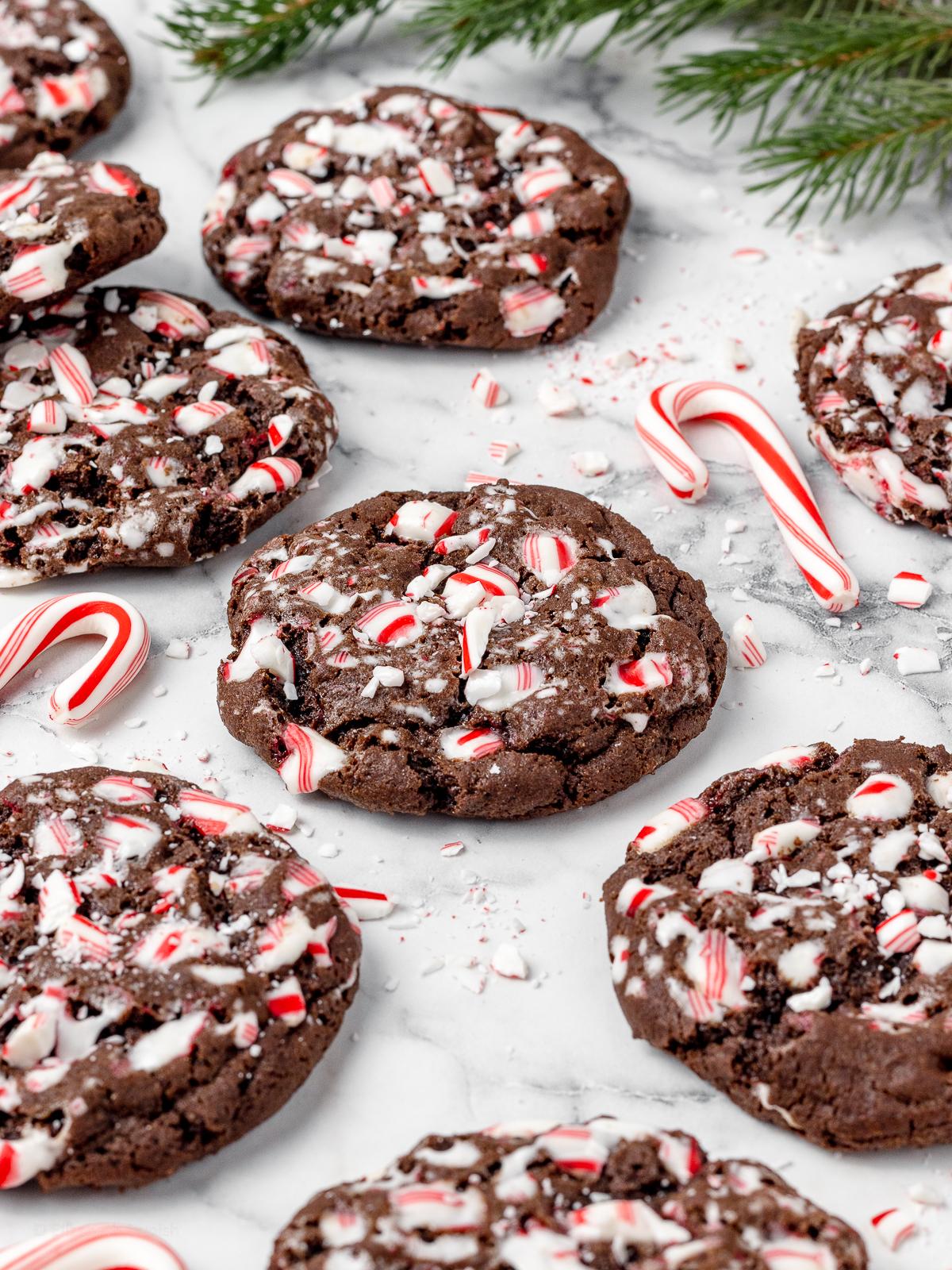 Close-up of a perfectly baked peppermint cookie dough with crushed candy canes mixed in