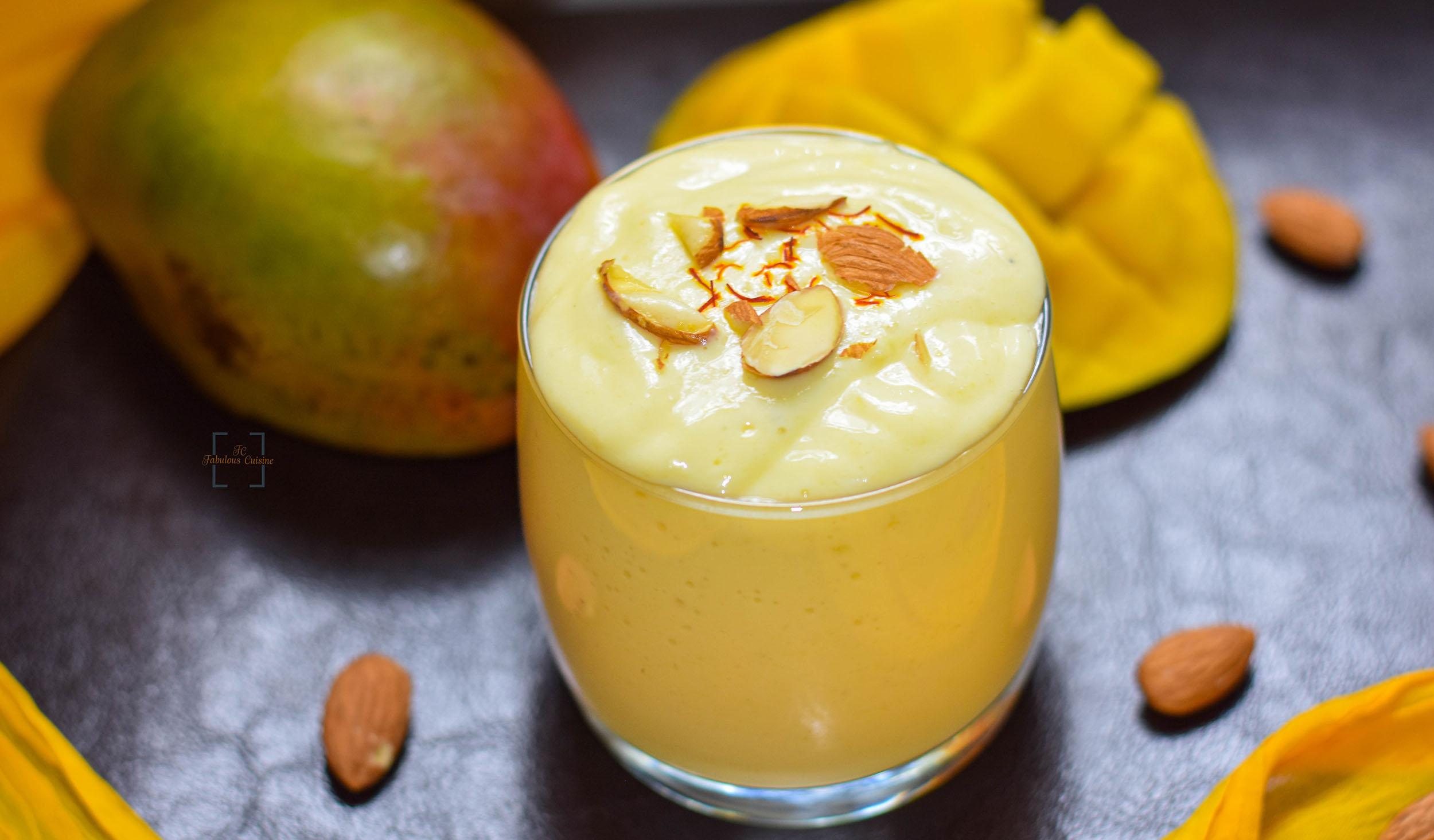 Blender with ingredients for Almond Aroma Lassi, ready to be blended