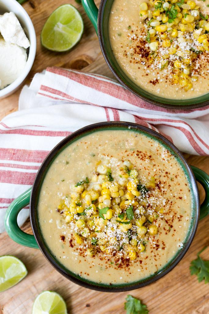 a pot of simmering mexican street corn soup