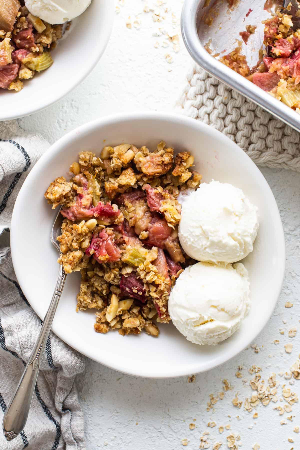 honey rhubarb oatmeal crisp golden brown bubbling