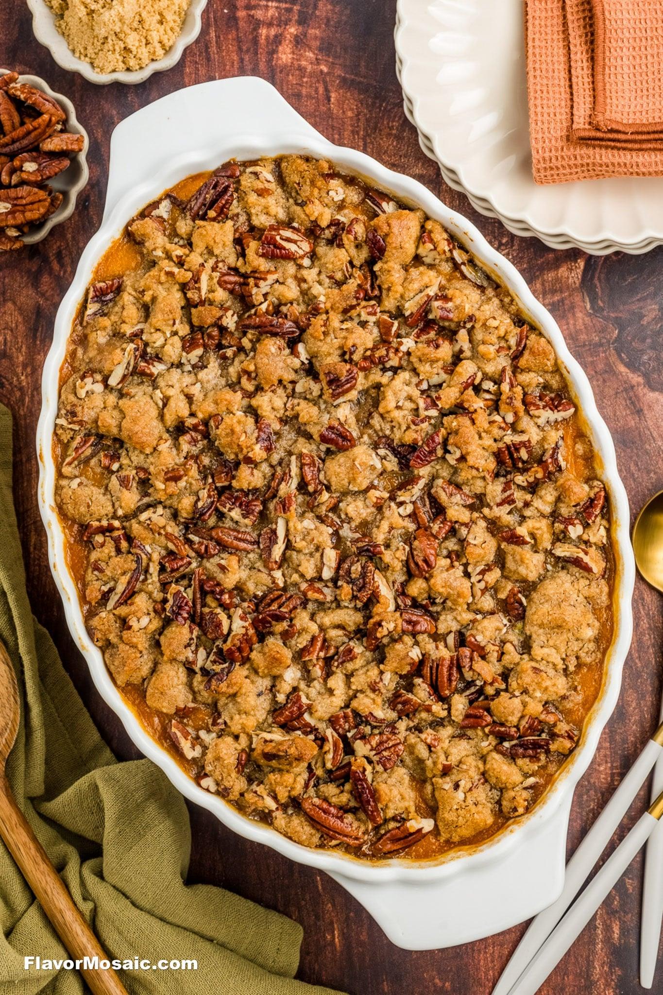sweet potato casserole with golden caramelized pecan topping, holiday setting