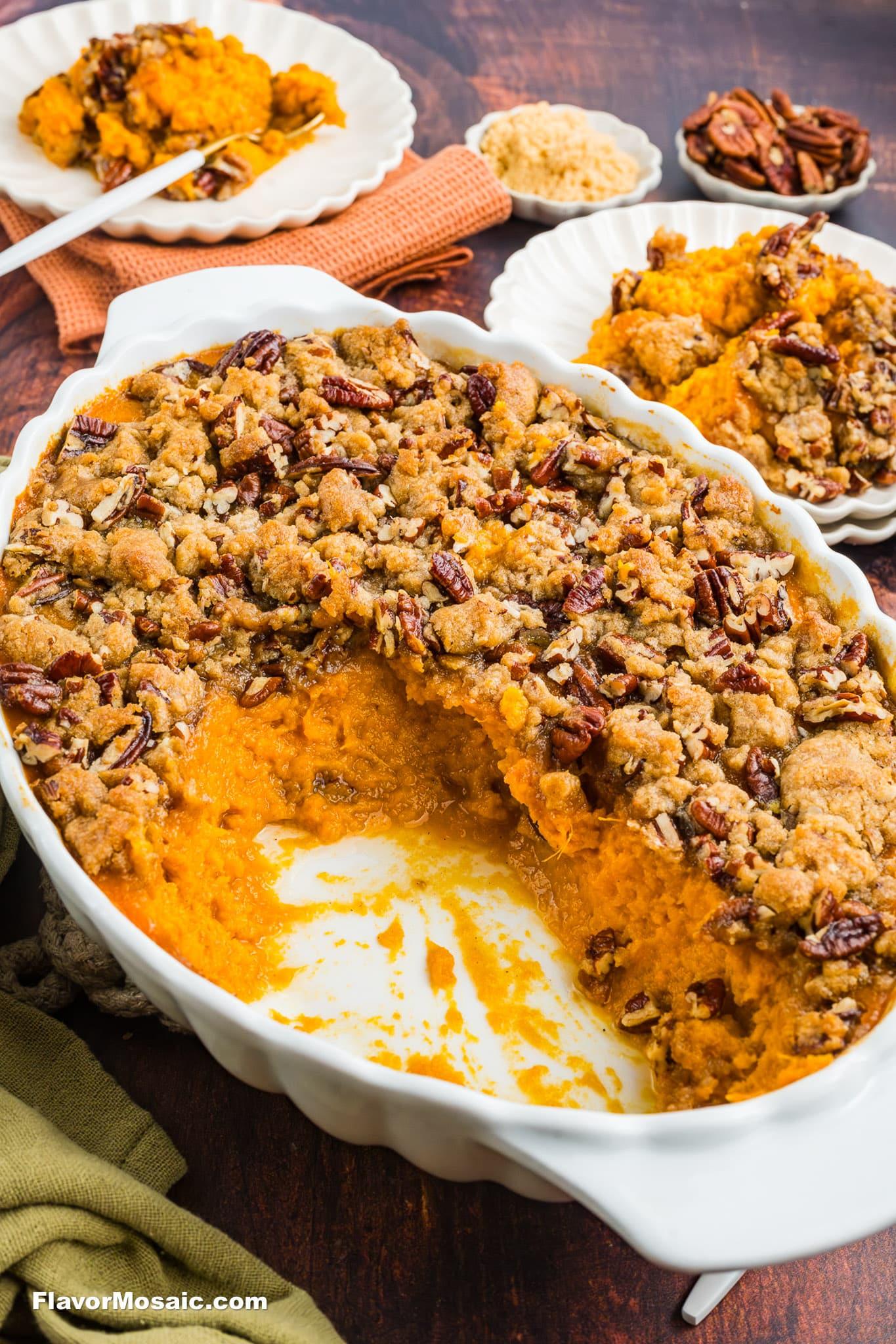 vibrant sweet potato casserole with golden caramelized pecan topping, ready for serving on a holiday table