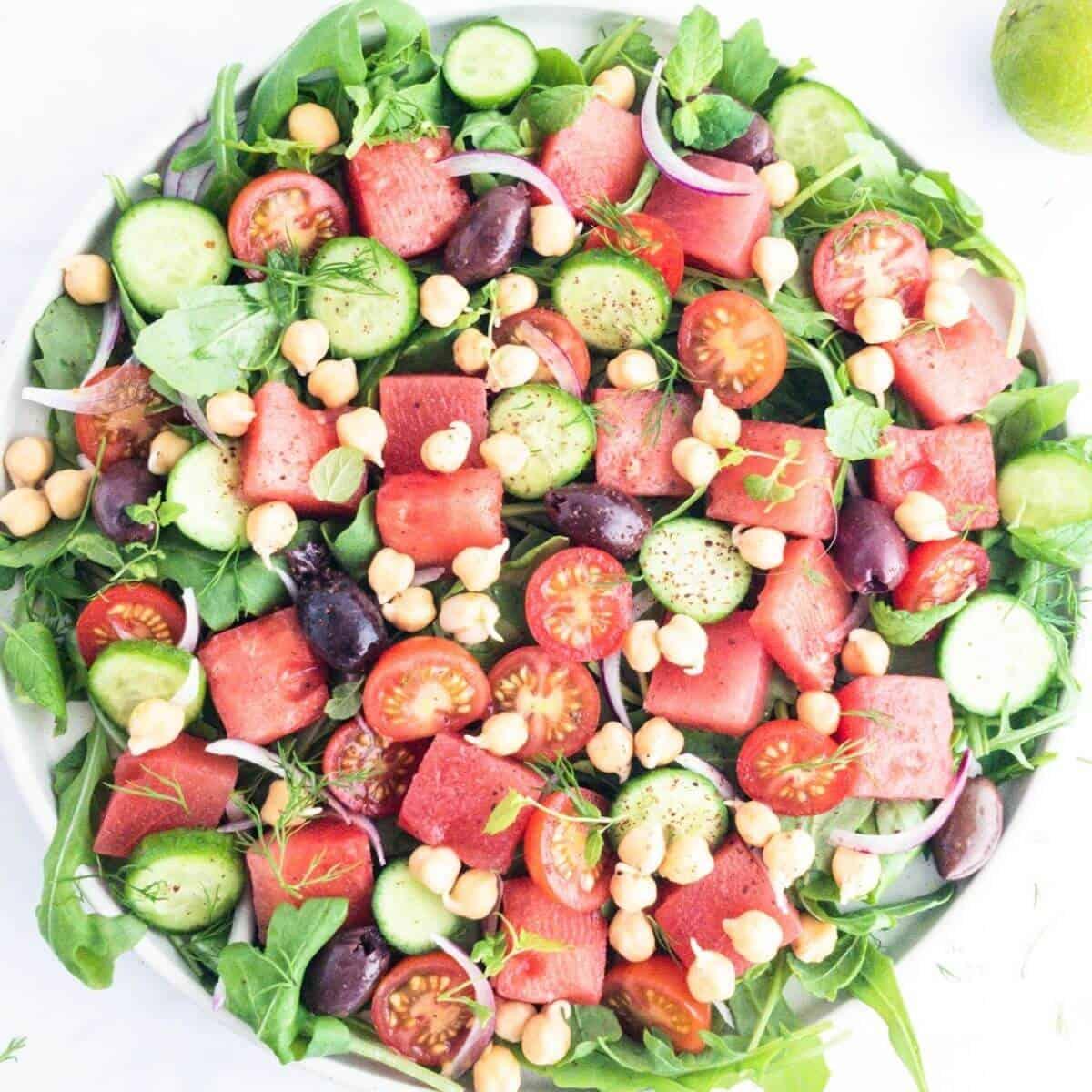 close-up of watermelon and chickpea salad