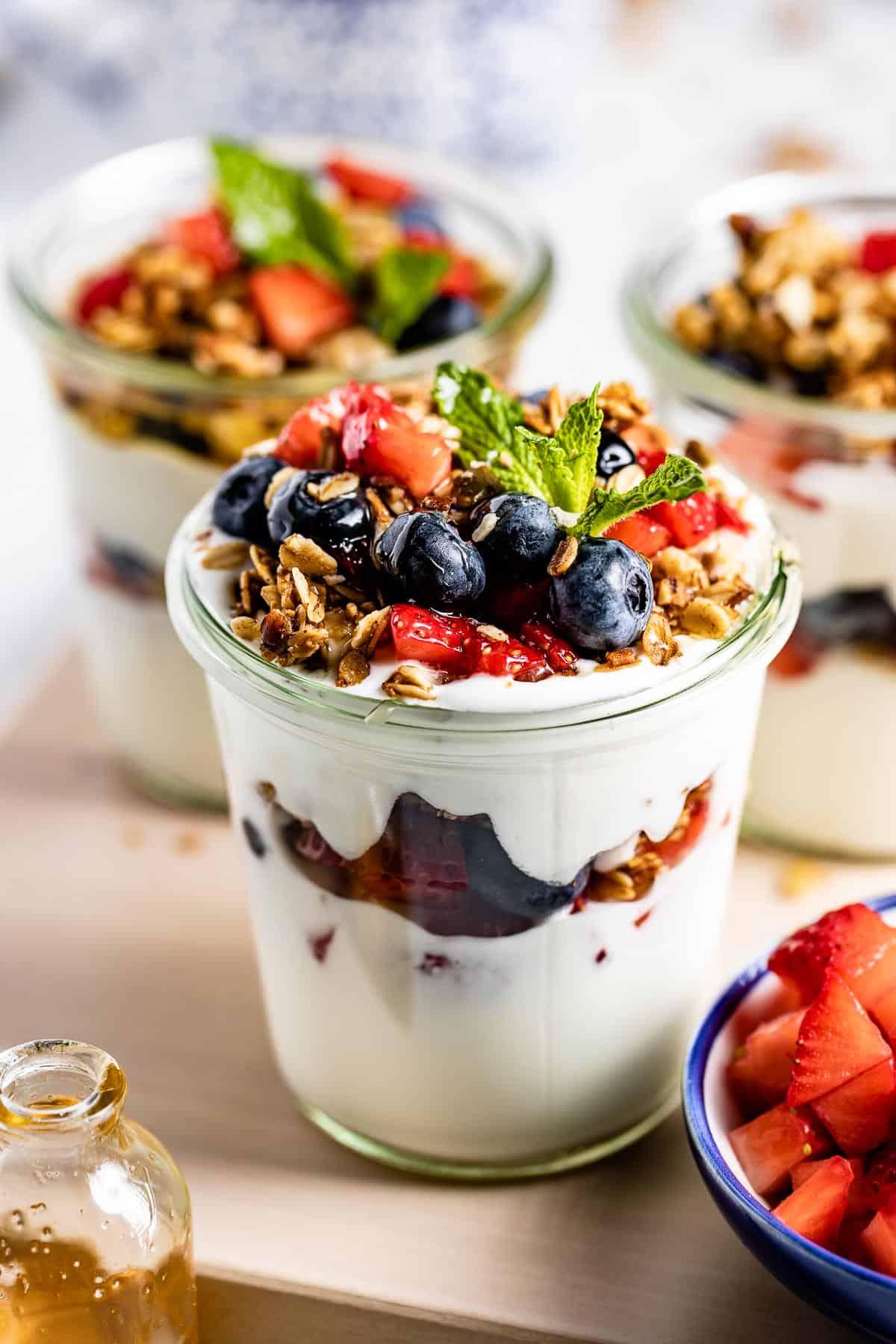 Greek yogurt parfait with granola and berries