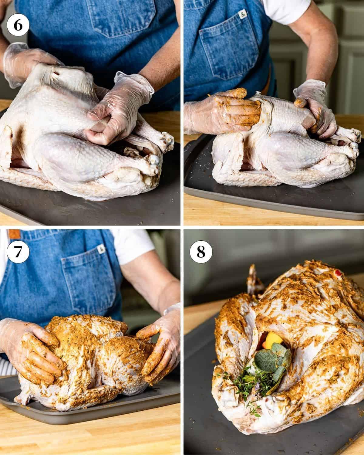 Hands preparing fresh sage butter to rub on a turkey