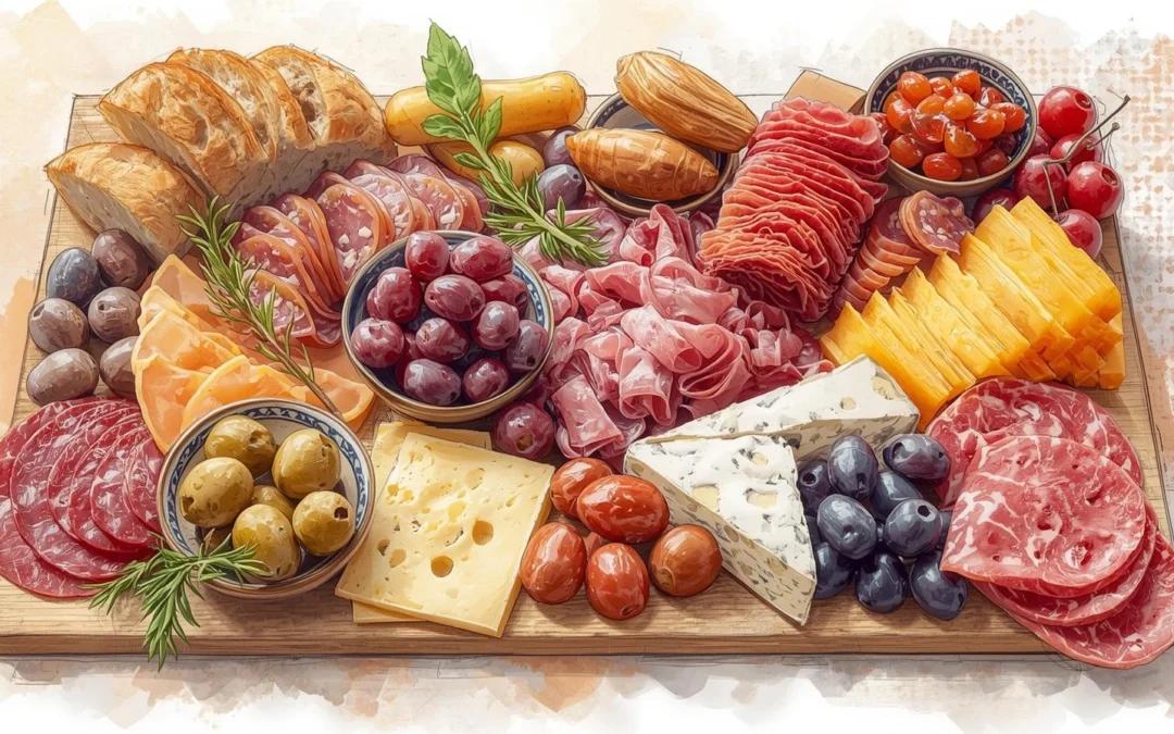 Diverse selection of charcuterie board elements: cured meats, various crackers, olives, grapes, and figs, all ready for arrangement.