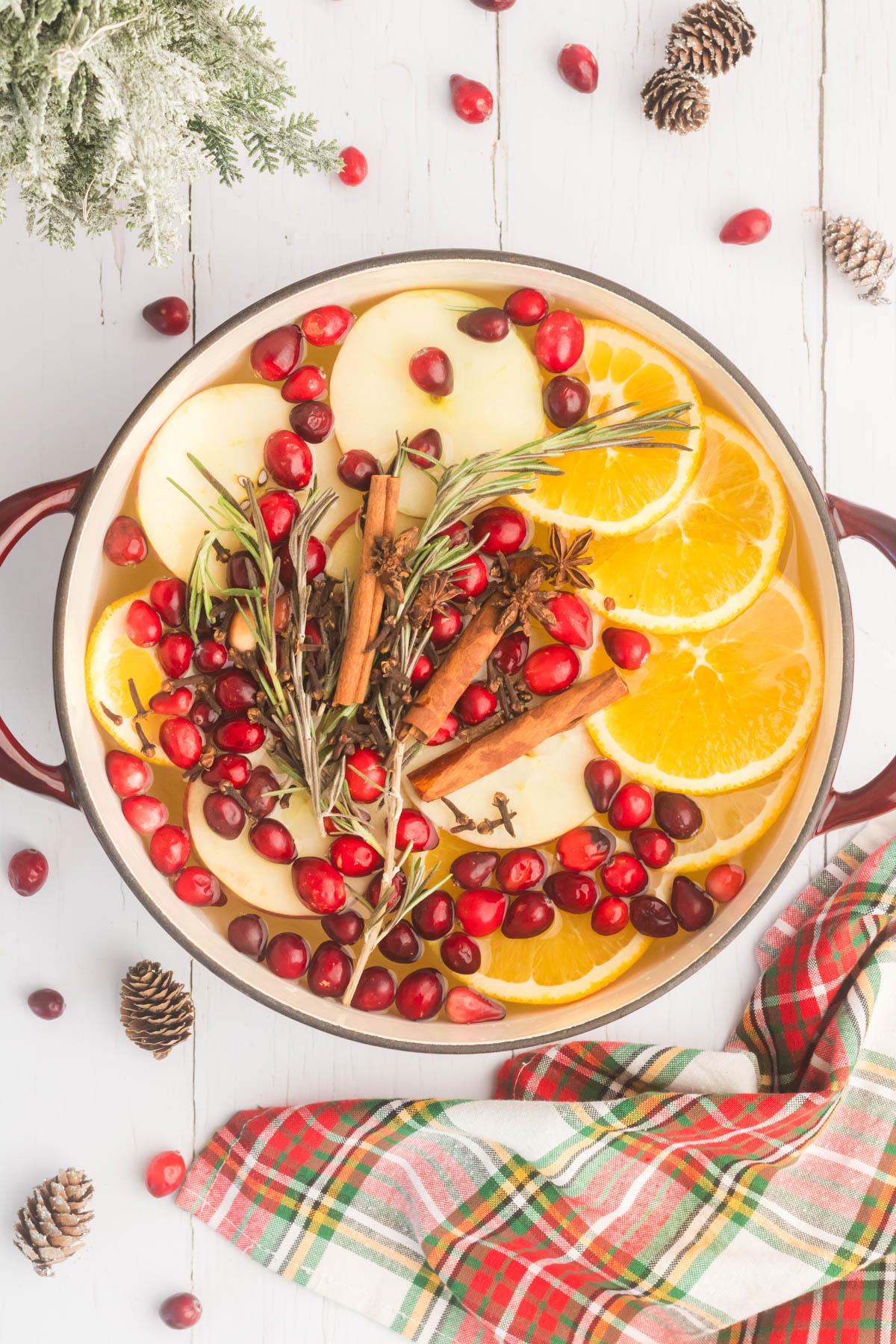 Ingredients for orange clove punch: fresh oranges, whole cloves, cinnamon sticks, cranberries