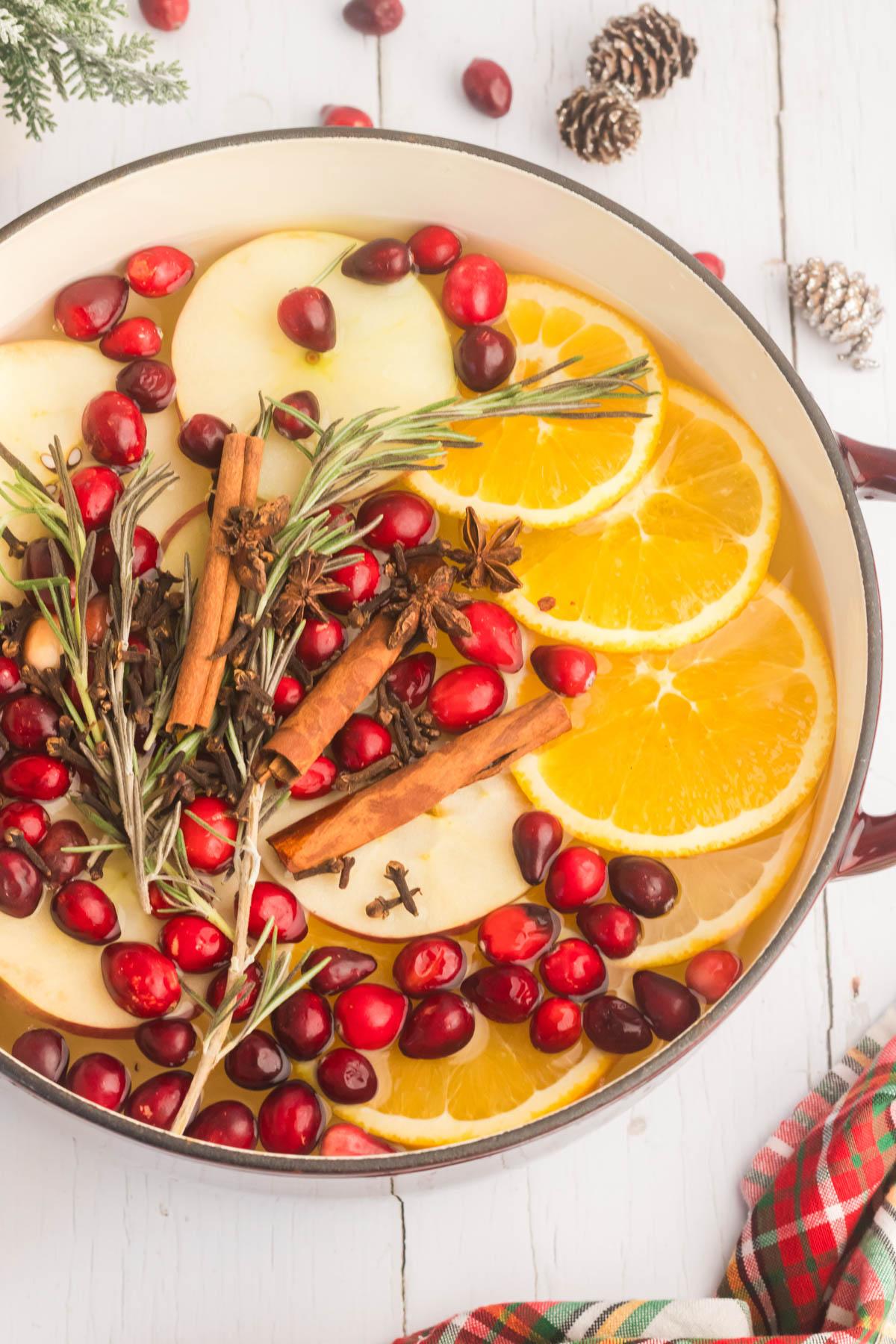Close-up of cinnamon sticks, orange slices, and cranberries steeping in a clear glass pitcher filled with golden liquid
