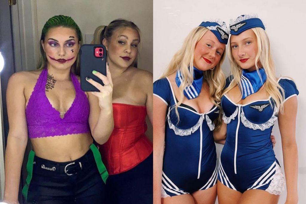 two girls laughing wearing creative halloween costumes
