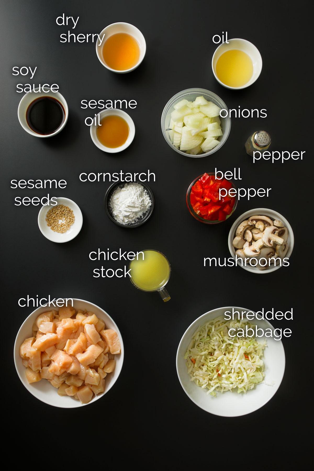 Ingredients laid out for making guava chicken stir-fry