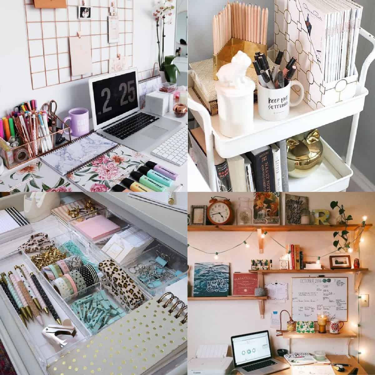person organizing a dorm room desk