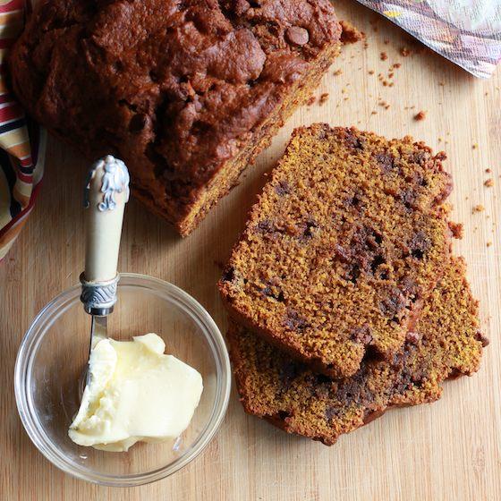 overhead shot of a complete pumpkin bread loaf