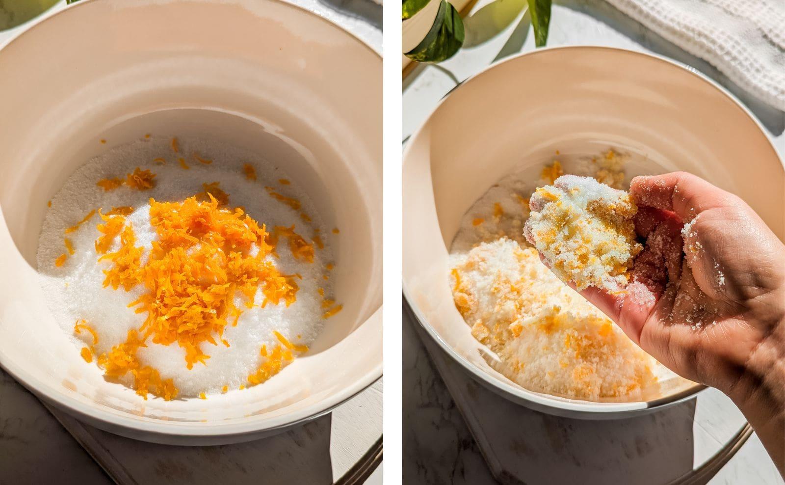 orange zest being grated over a bowl