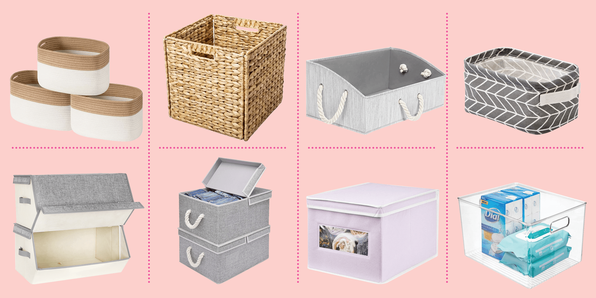 Three different types of storage bins in a dorm