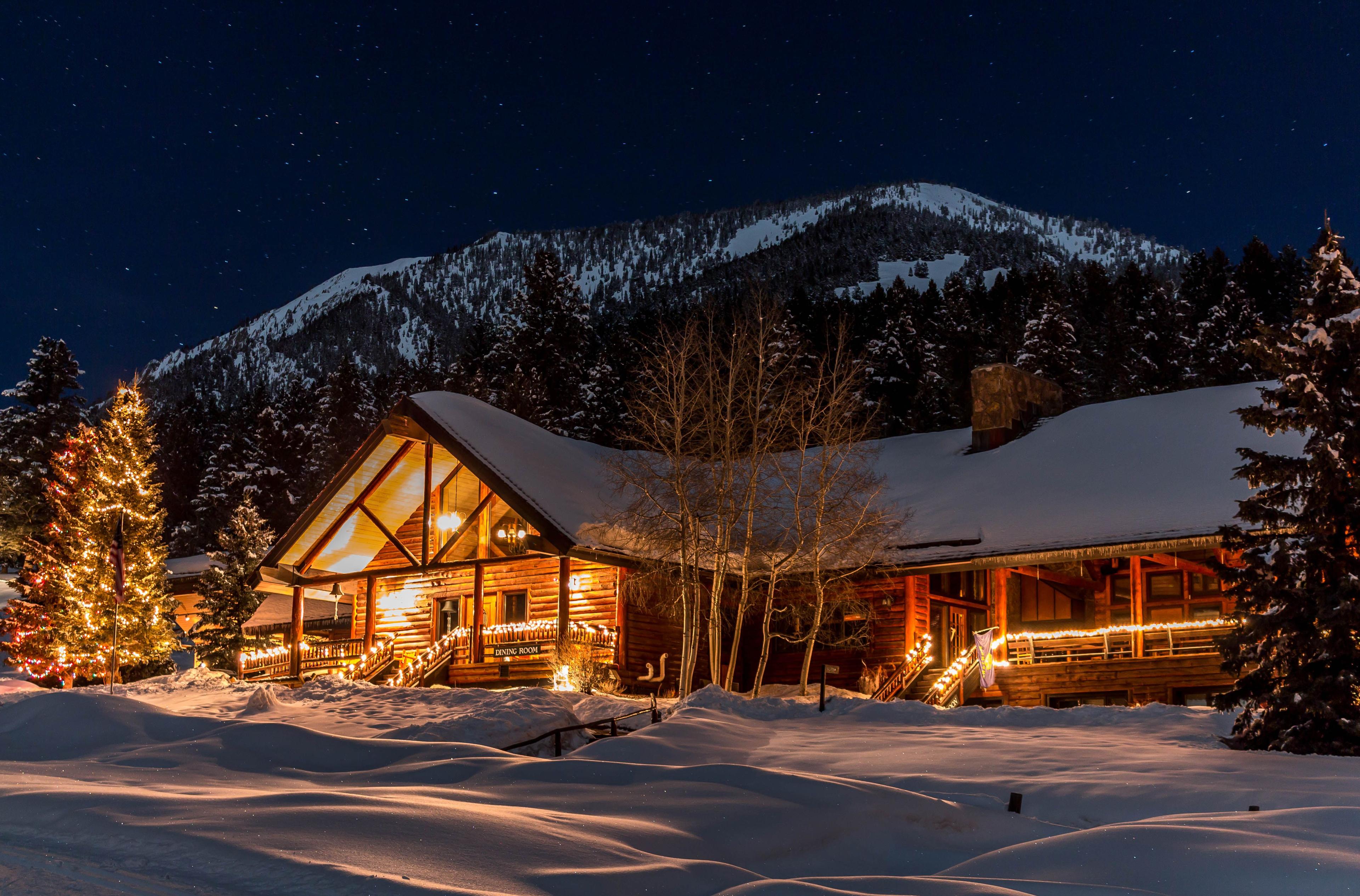 cozy winter lodge with snow outside