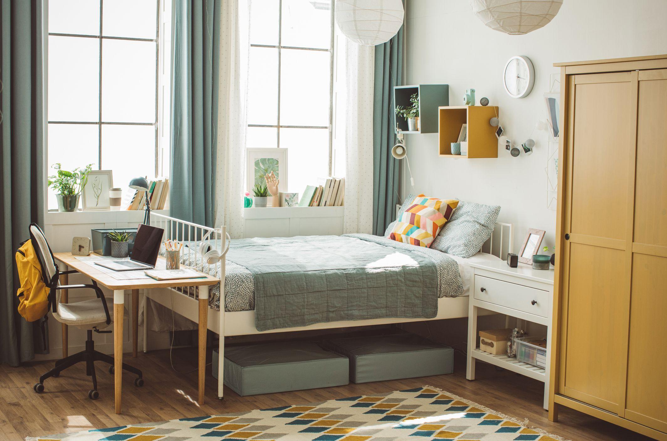 college dorm room with vertical storage solutions