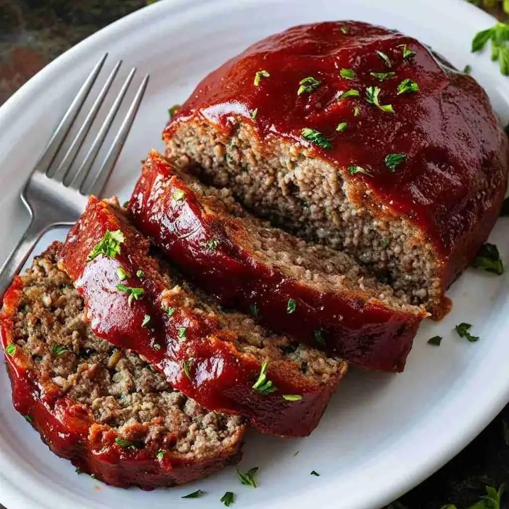 a close up shot of juicy, freshly baked meatloaf