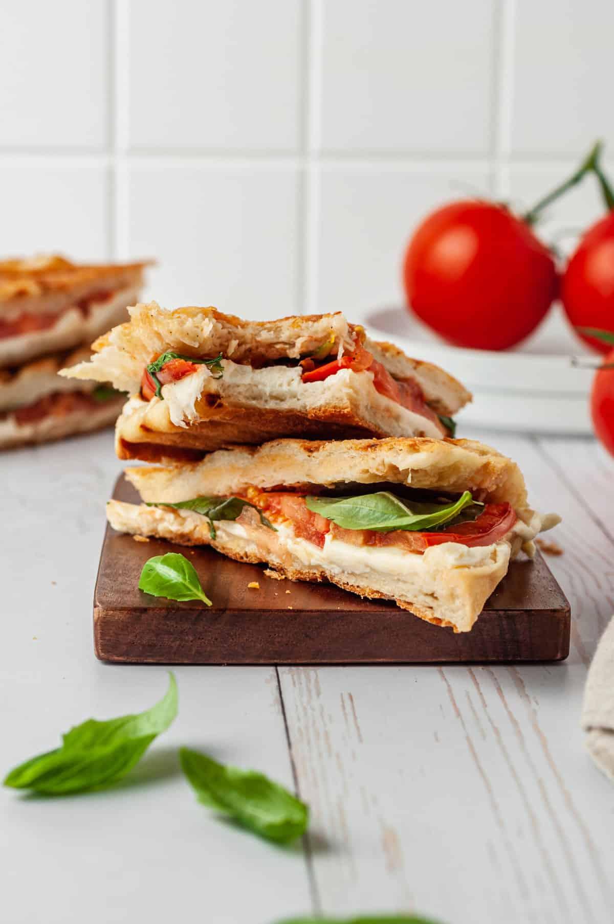 Close-up of a perfectly grilled Caprese Panini
