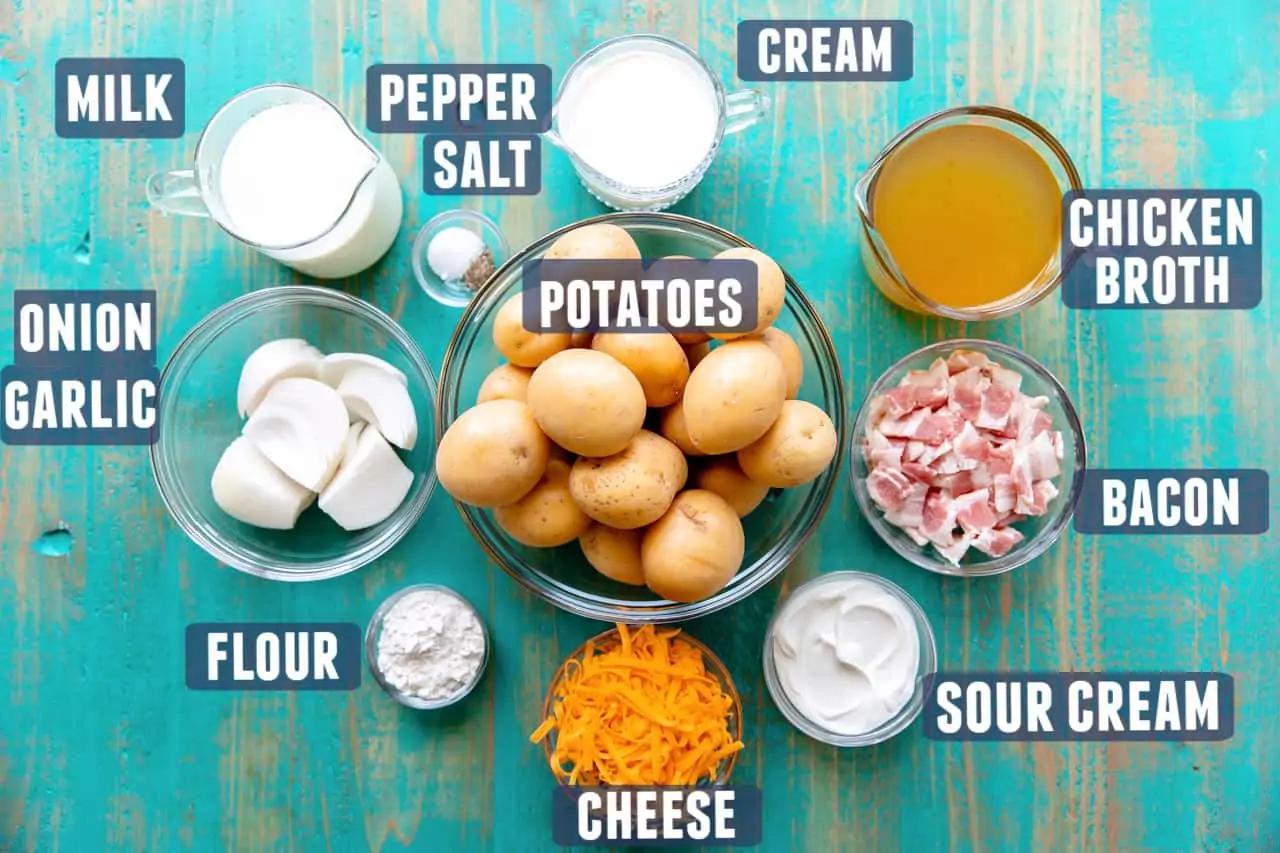 ingredients for creamy potato soup laid out on a counter