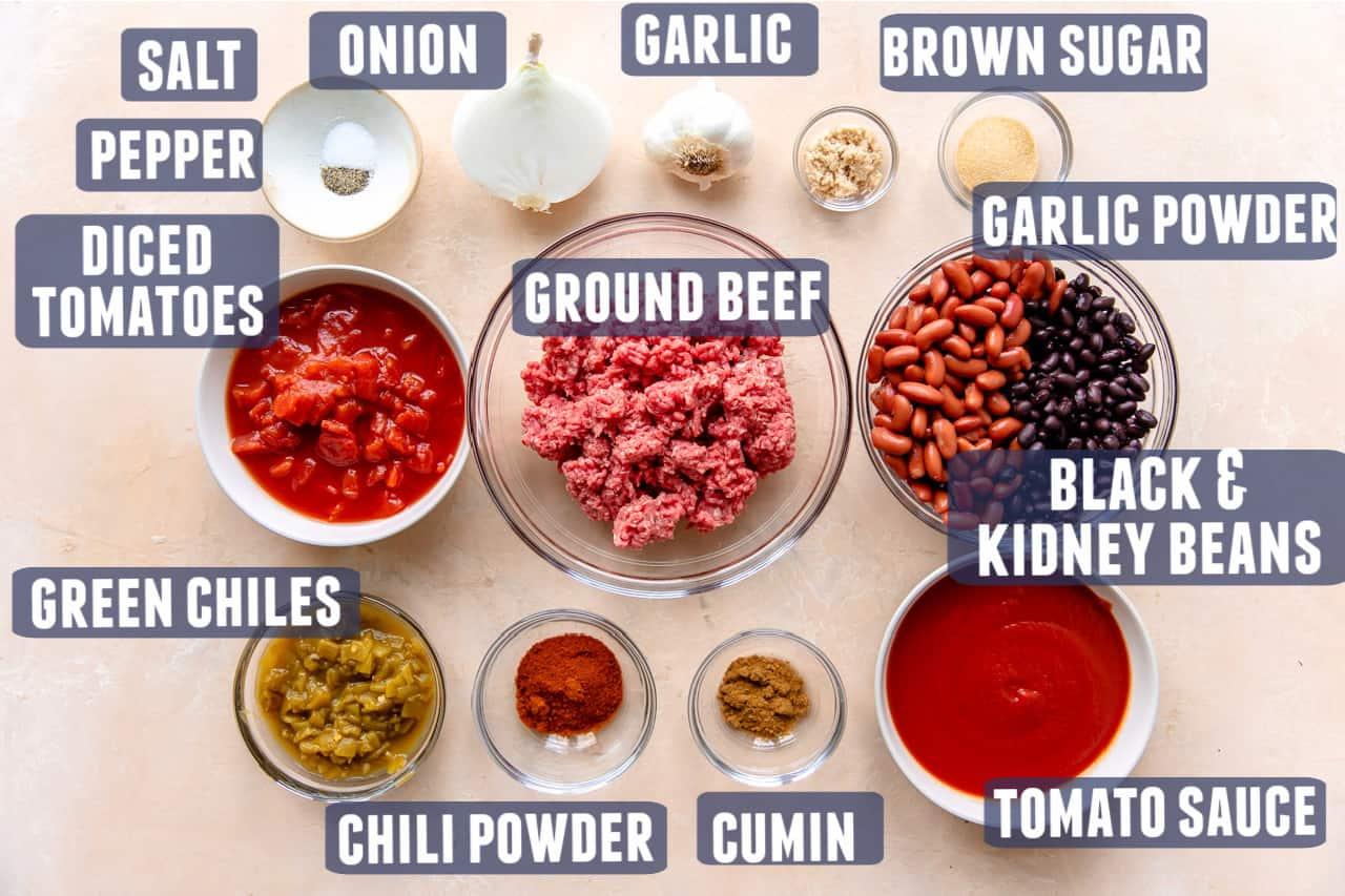 ingredients for chili laid out on a kitchen counter
