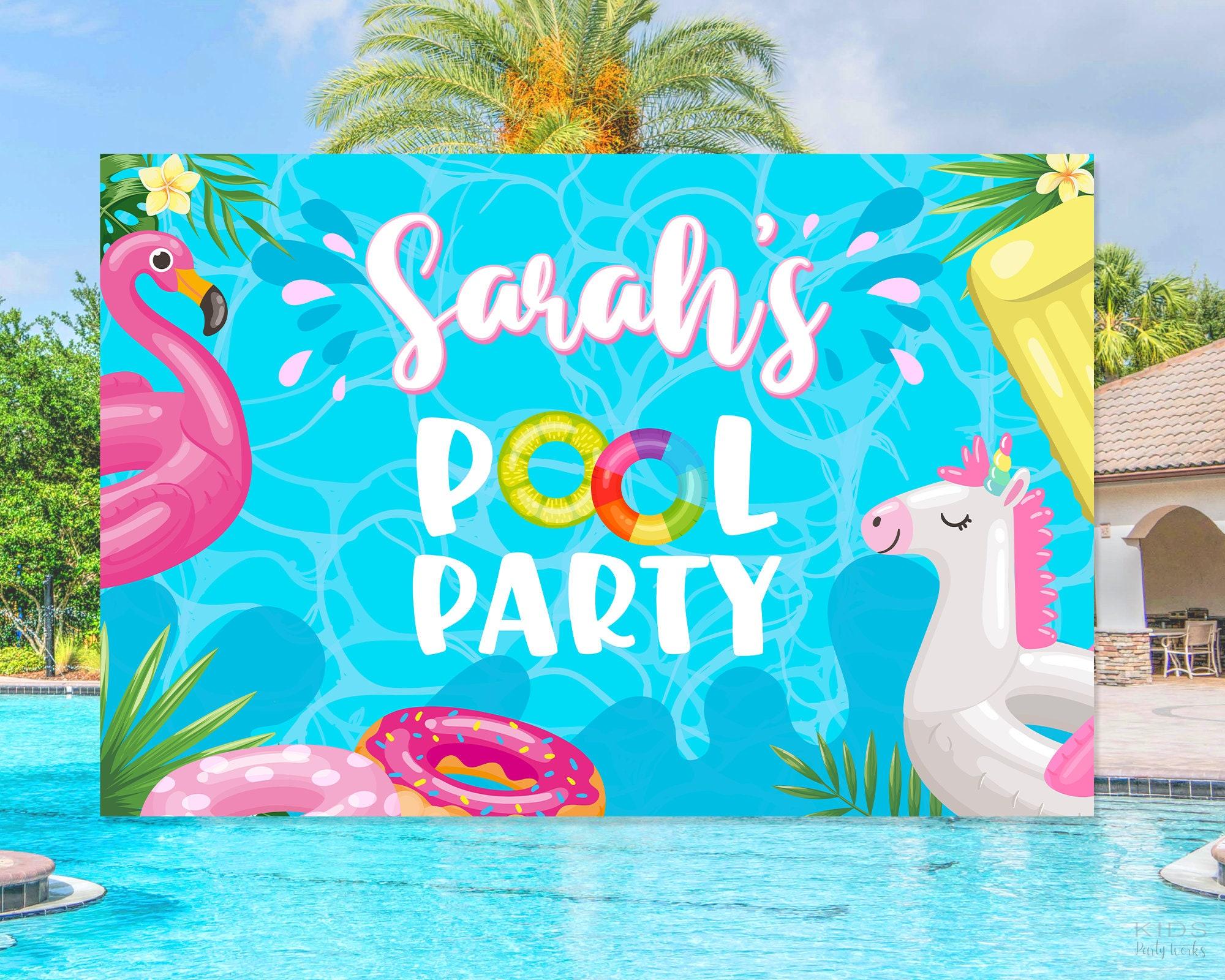 close-up of a personalized pool party banner with a fun message