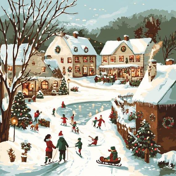Finished 'Winter Wonderland' Paint-By-Number Kit hanging on a wall