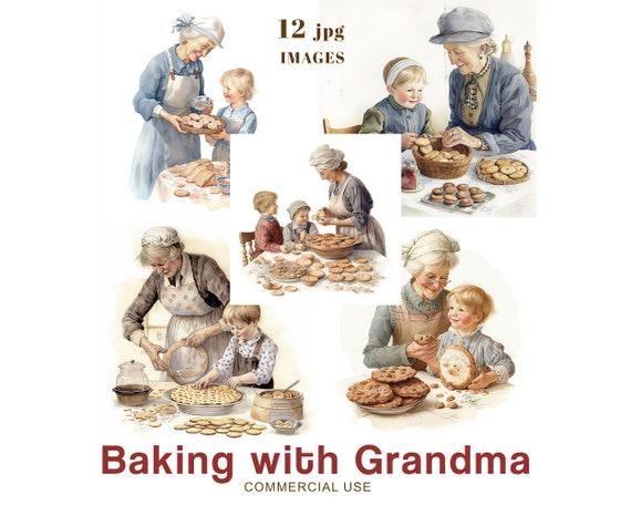 vintage kitchen scene with grandmother and child baking cookies