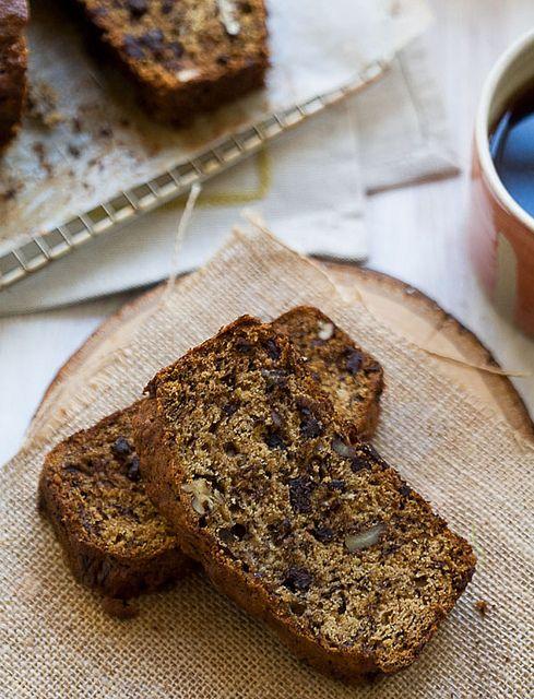 cozy kitchen with banana bread on a wooden cutting board