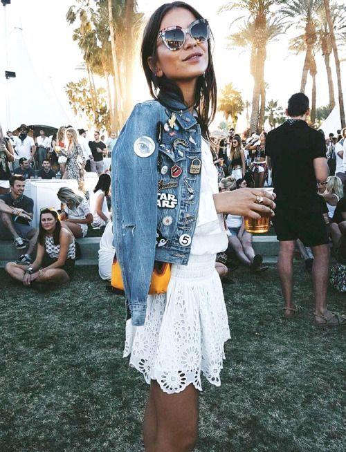 woman wearing denim jacket at coachella