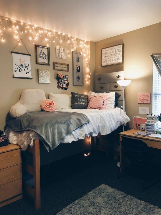 fairy lights on a dorm room desk