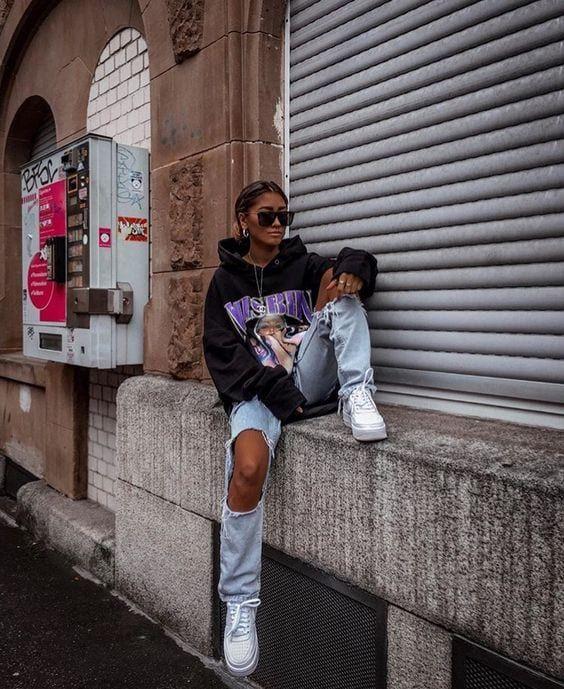 Various street style looks featuring oversized hoodies