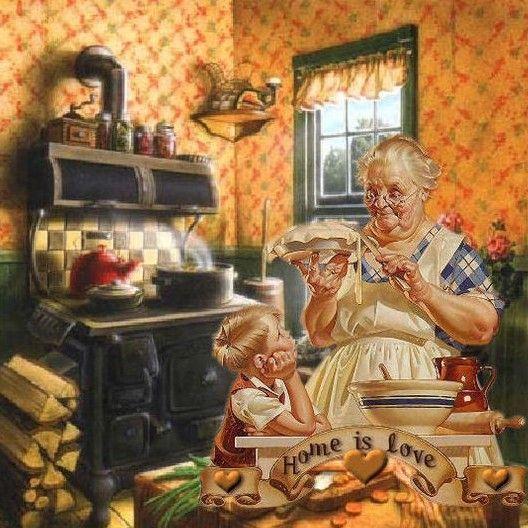 Vintage photo of a grandmother and child happily baking together in a warm, rustic kitchen setting