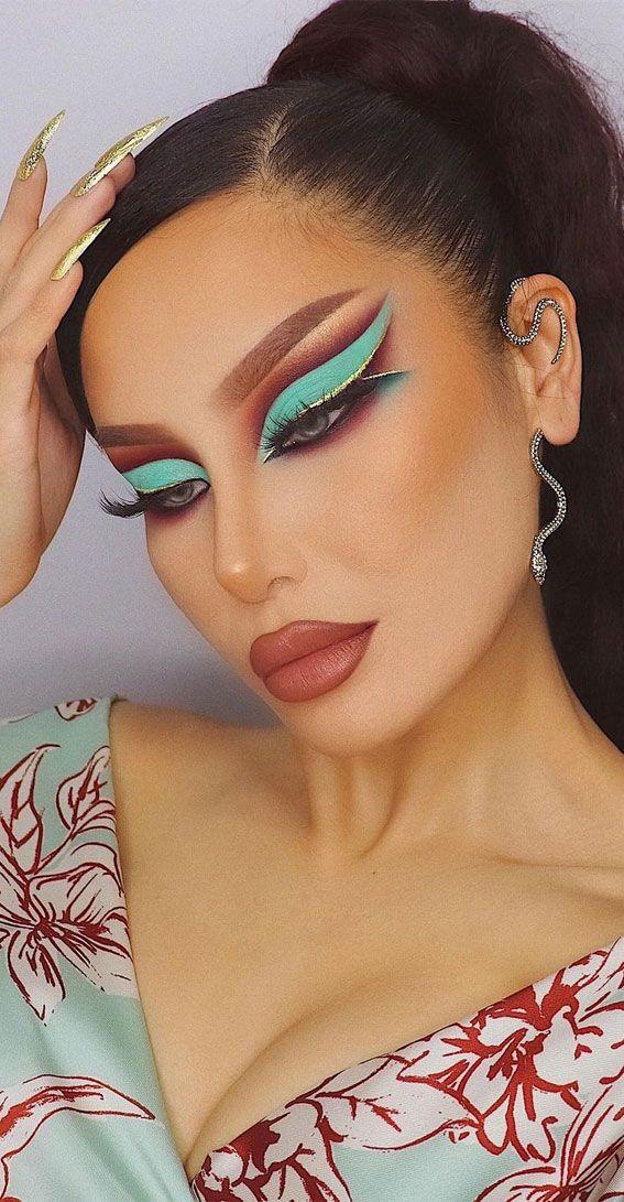 woman with colorful cut crease Coachella makeup