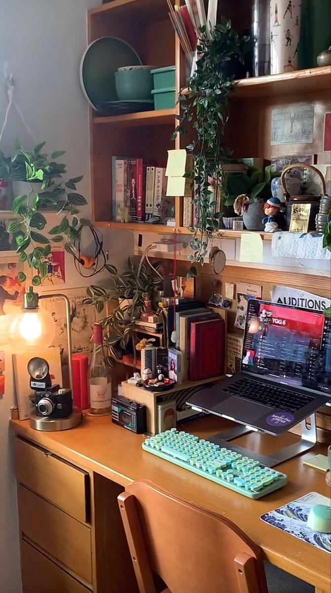 cluttered dorm room desk