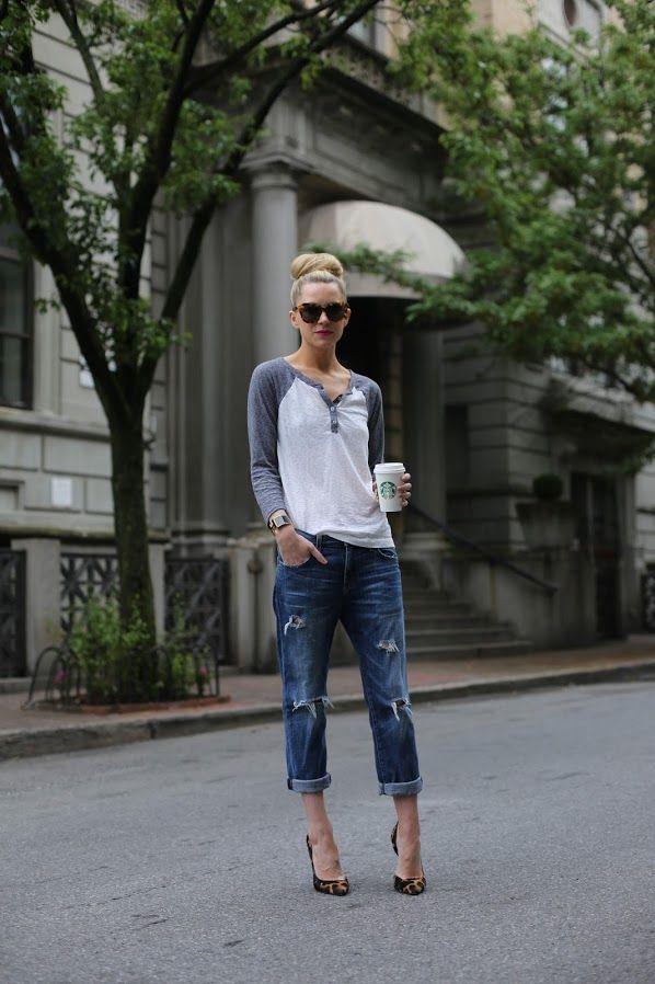 woman wearing vintage baseball tee with jeans and heels