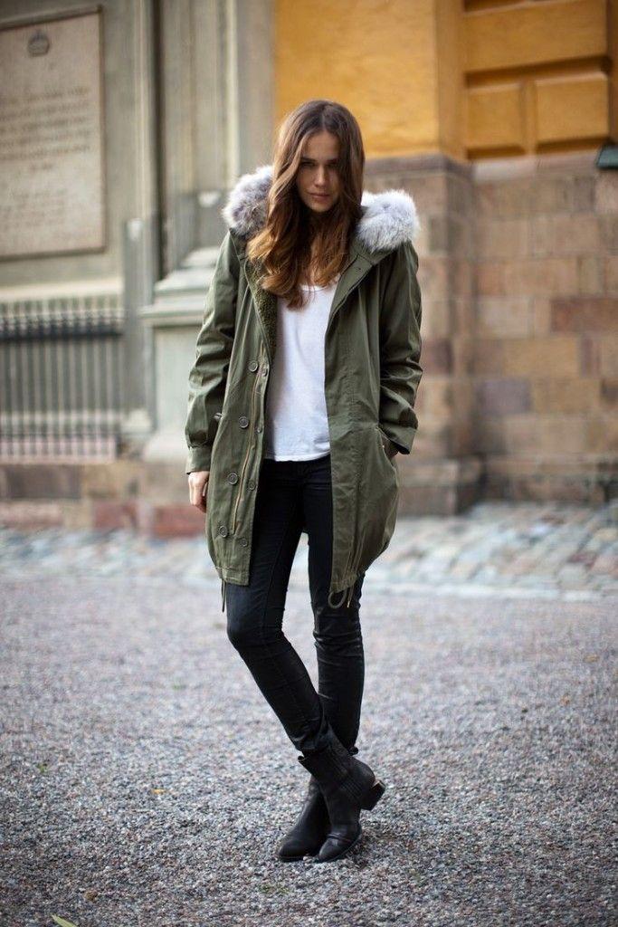 woman wearing a green parka with fur hood in a snowy landscape