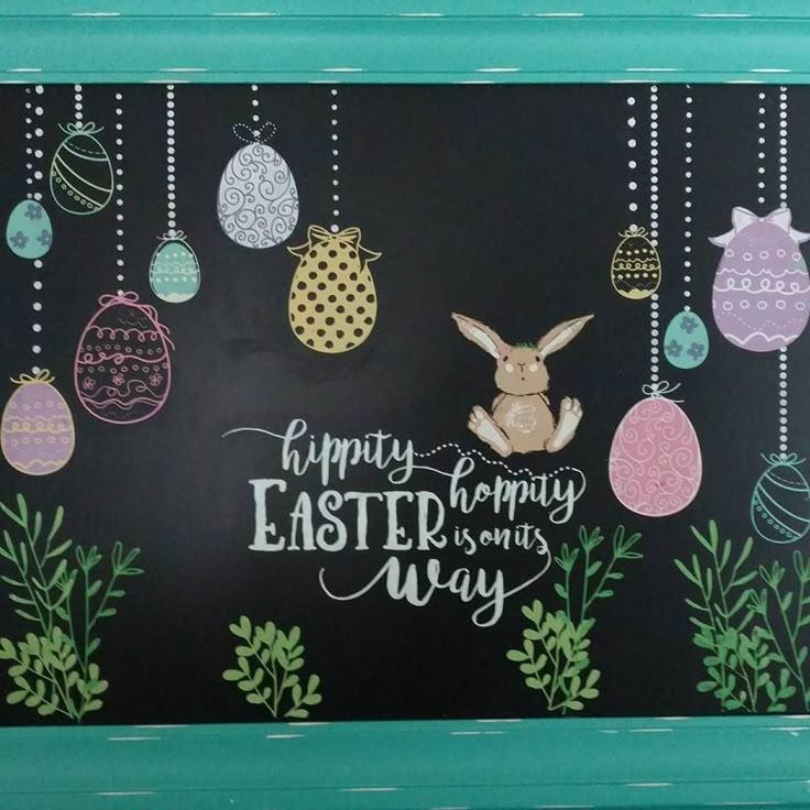 Easter chalkboard art with bunnies and eggs