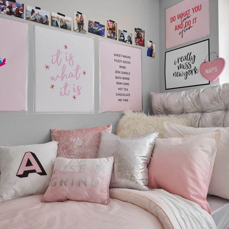 dorm room with custom posters on the wall