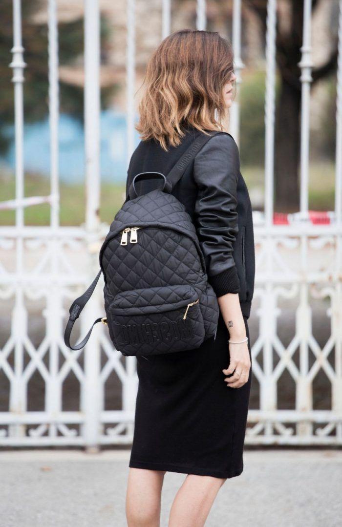 collage of different women styling backpacks with various outfits