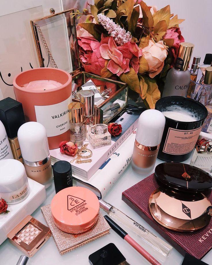 High-end makeup products on a vanity