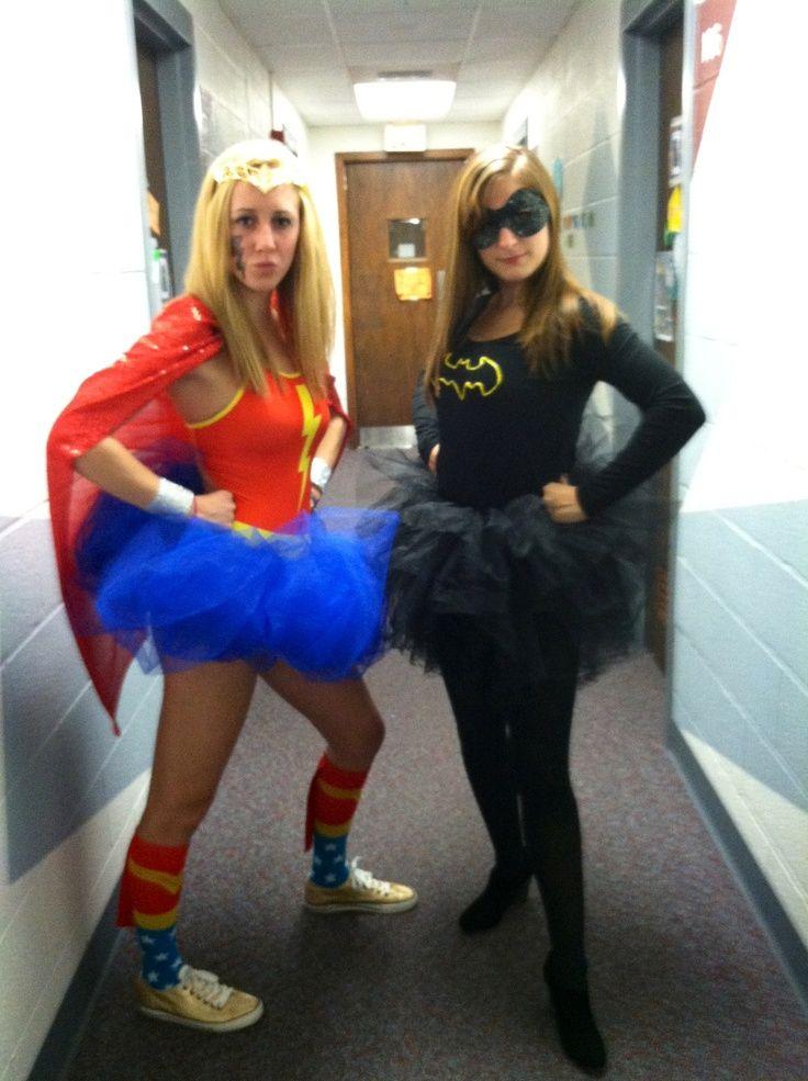 Two friends dressed as Wonder Woman and Maleficent for Halloween