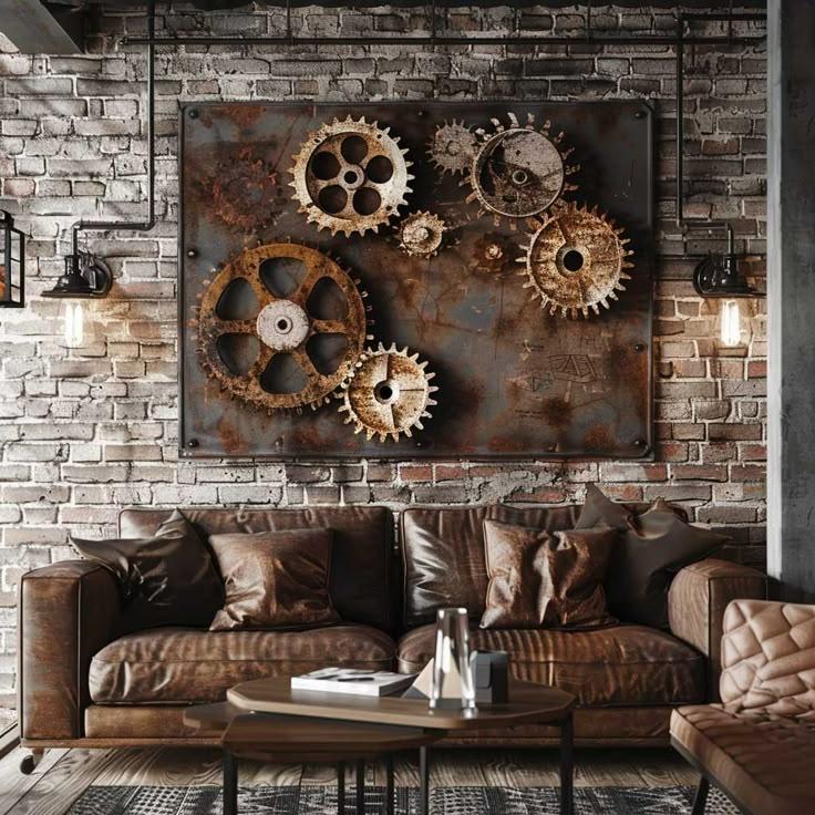 metal wall art in an industrial-style room