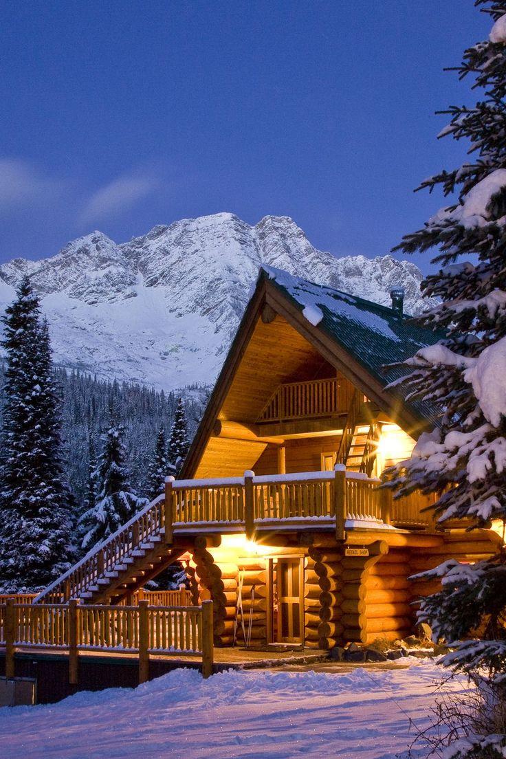 cozy cabin in snowy mountains