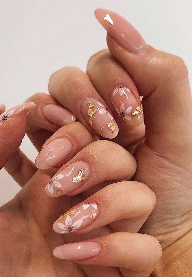 Nude Nails with Floral Decals