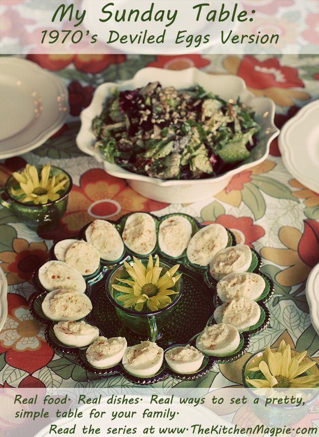 vintage photo of a family gathering with a platter of deviled eggs on the table