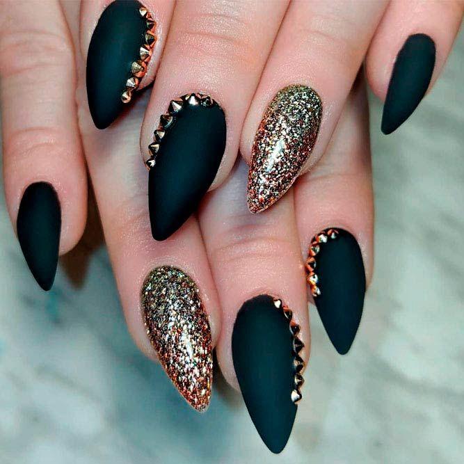 Matte Black Nails with Gold Details