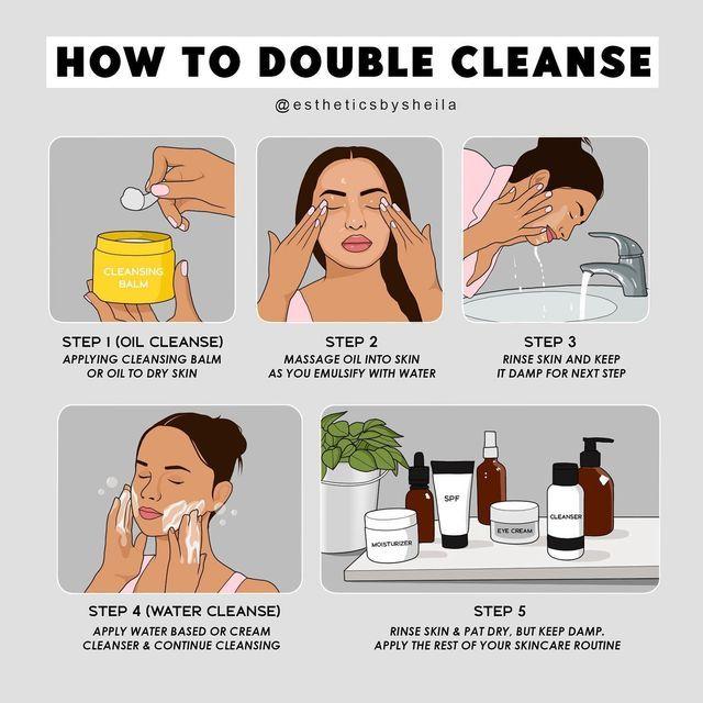woman demonstrating steps of double cleansing routine in bathroom