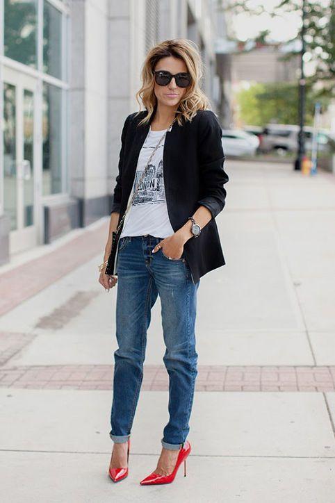 woman wearing blazer over t-shirt