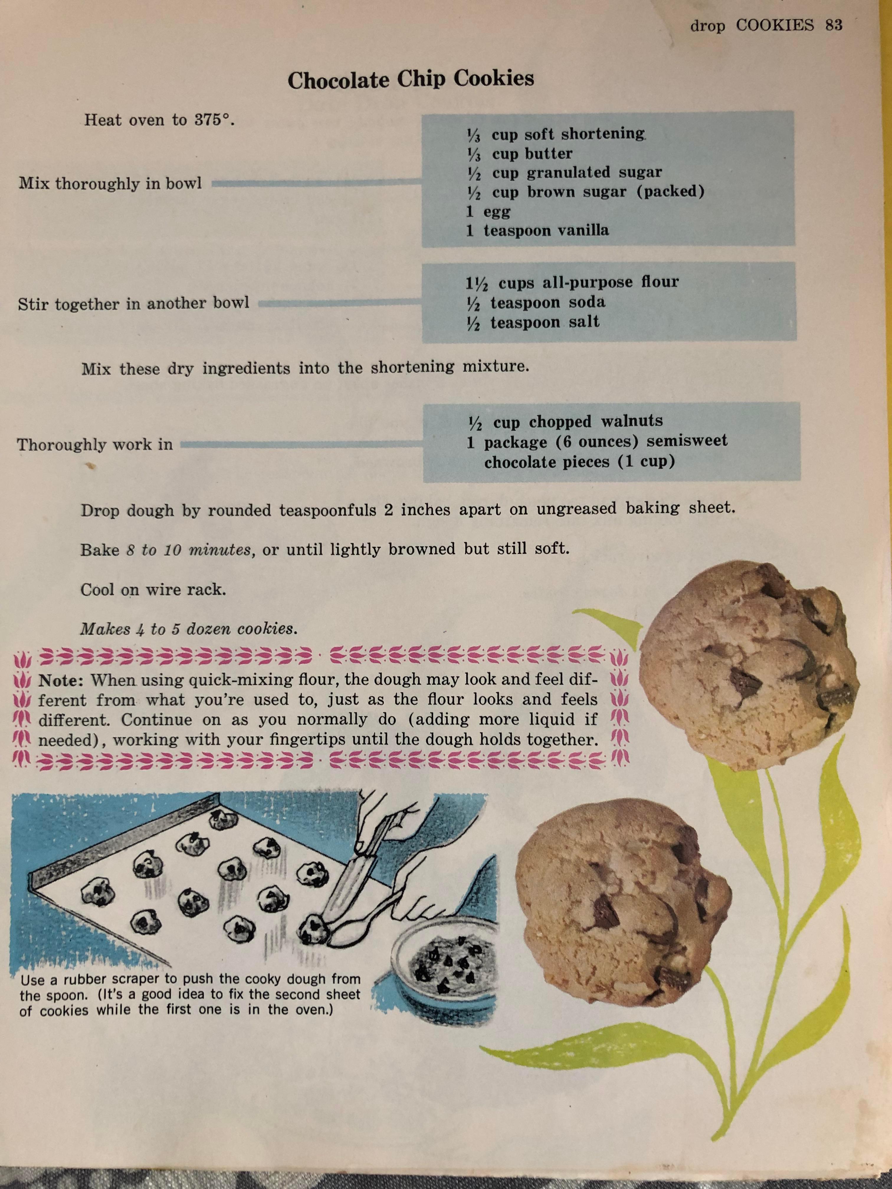 vintage cookbook with handwritten notes and a bowl of chocolate chip cookie dough