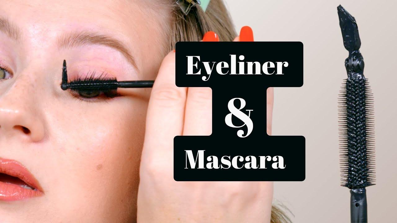 woman applying eyeliner and mascara